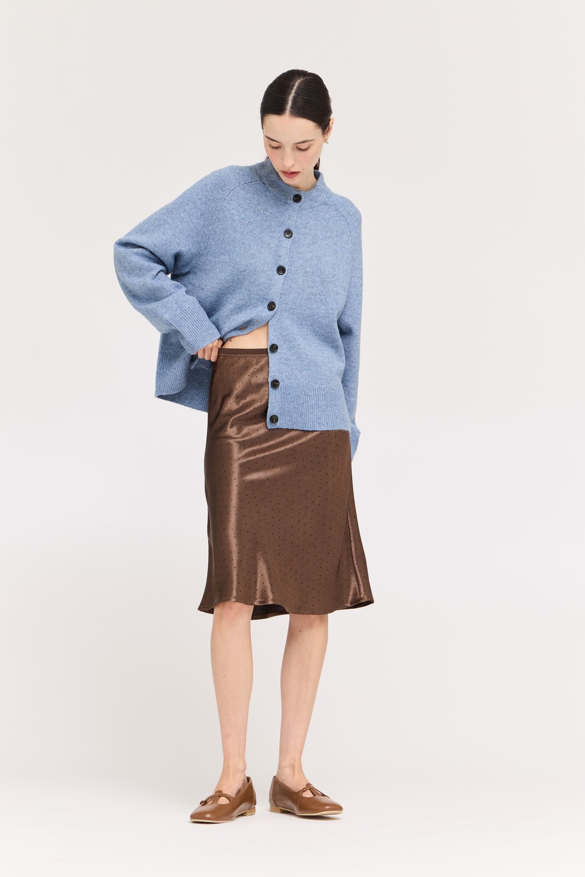 Polka Dot Knee Length Slip Skirt in Chocolate