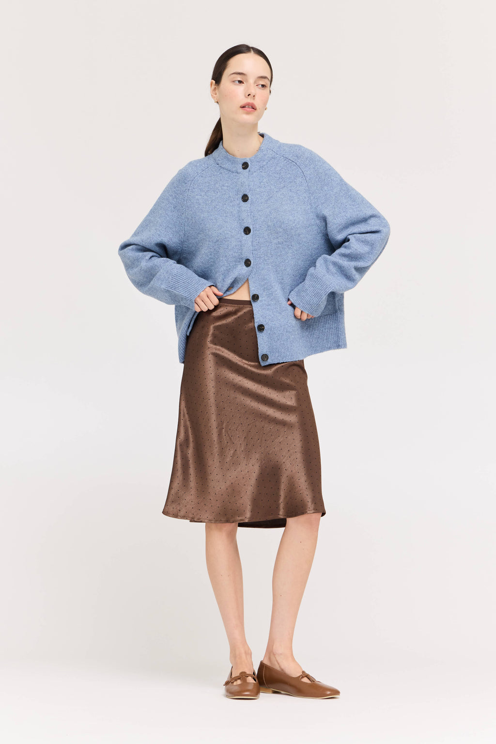 Polka Dot Knee Length Slip Skirt in Chocolate