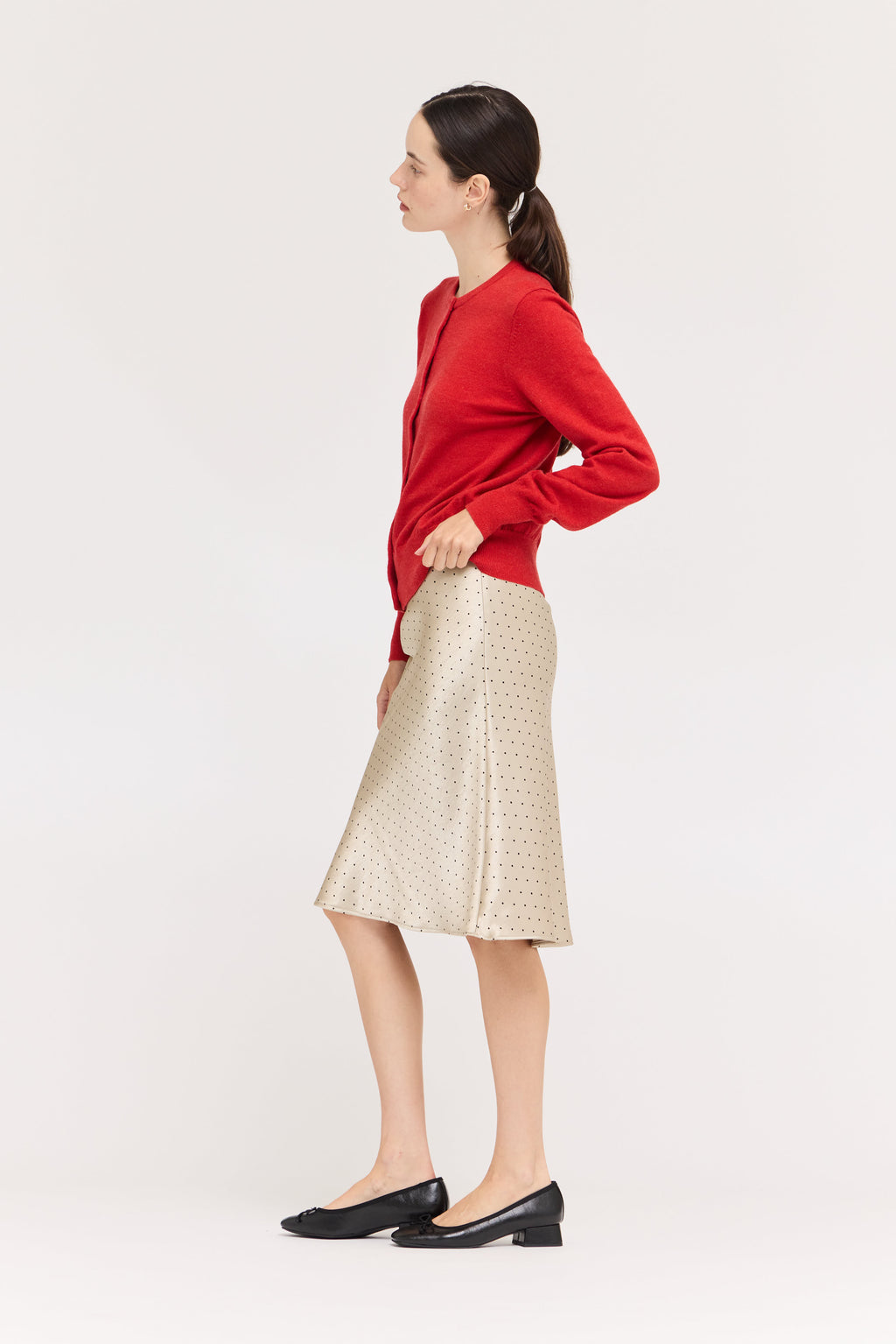Polka Dot Knee Length Slip Skirt in Champagne