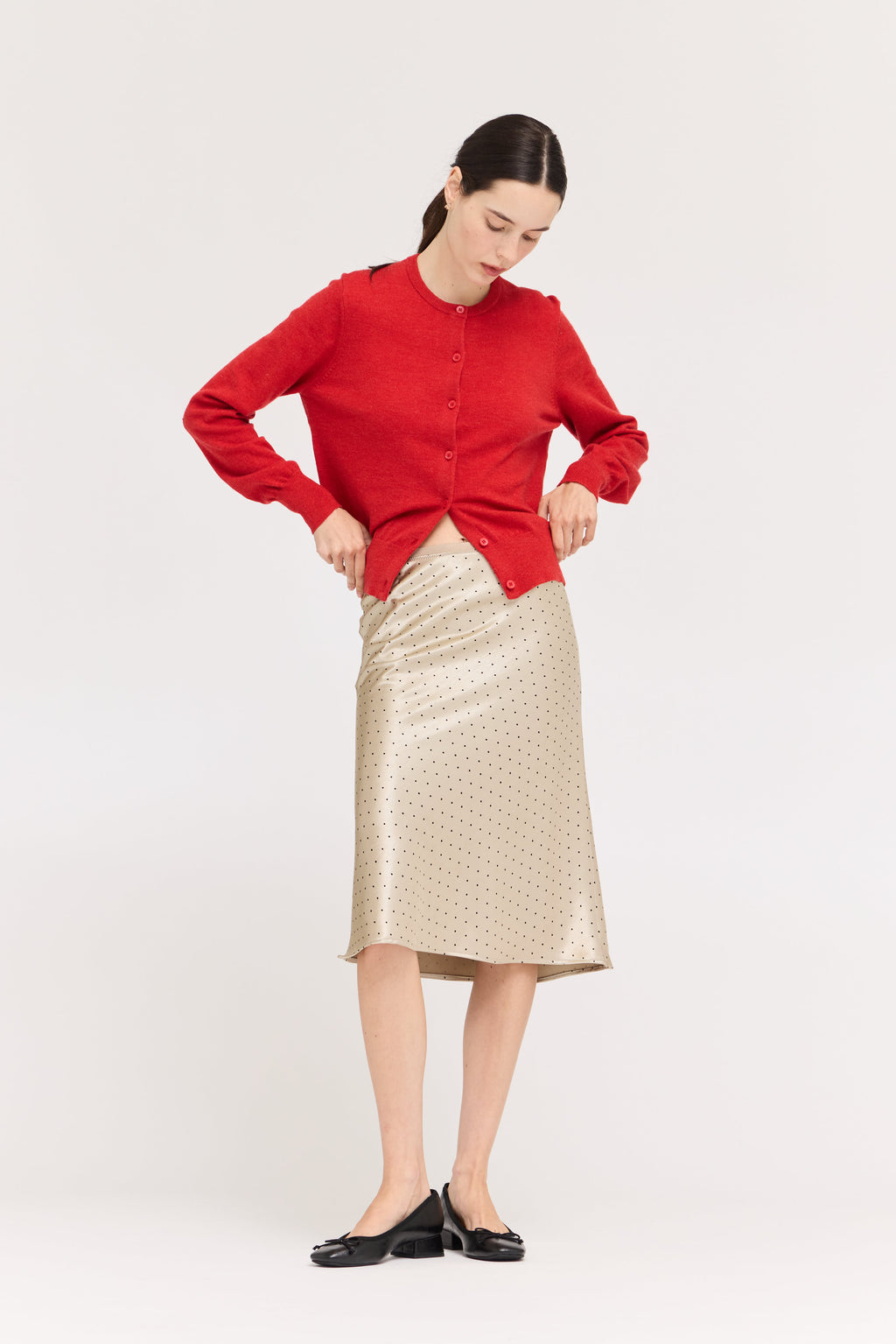 Polka Dot Knee Length Slip Skirt in Champagne